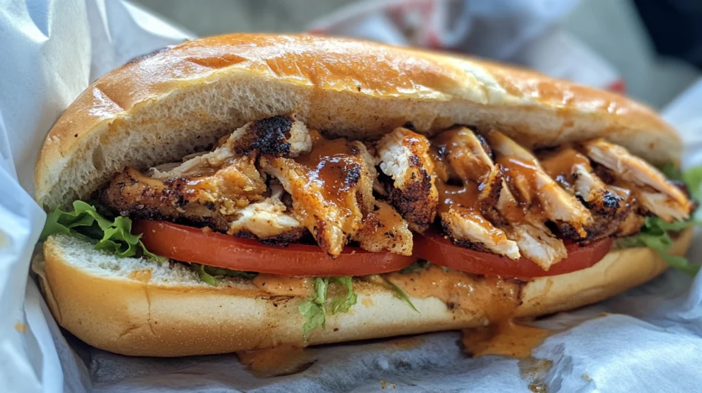A close-up of a delicious chicken sandwich with grilled chicken, tomato, lettuce, and a drizzle of truffle sauce.