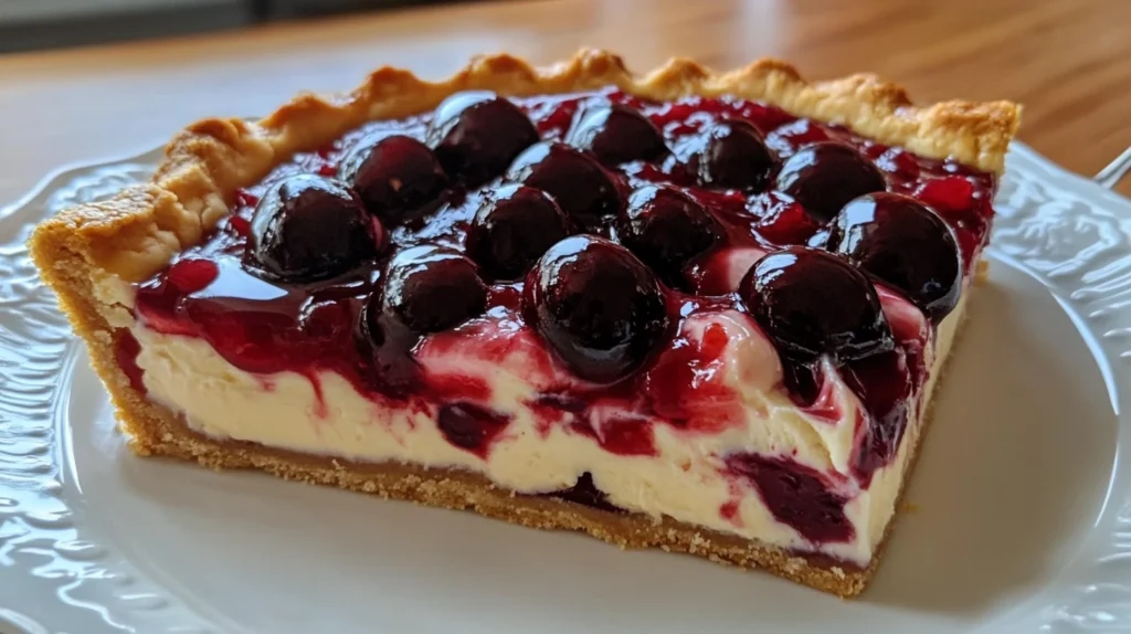 A slice of Guirtze Riote pie with a creamy filling and a layer of sweet cherries.