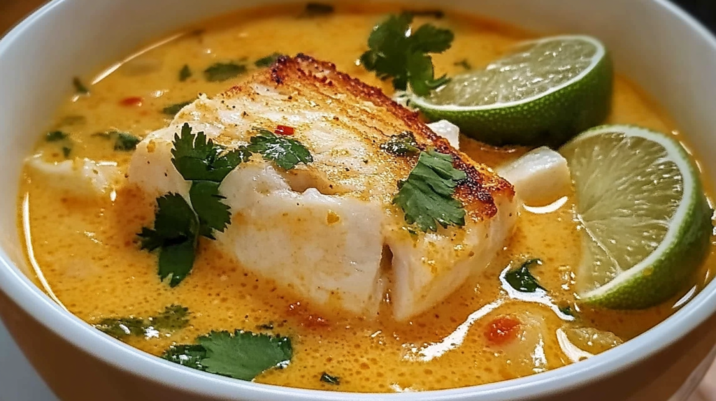 A bowl of creamy coconut lime fish soup with chunks of white fish, garnished with cilantro, green onions, and lime wedges.