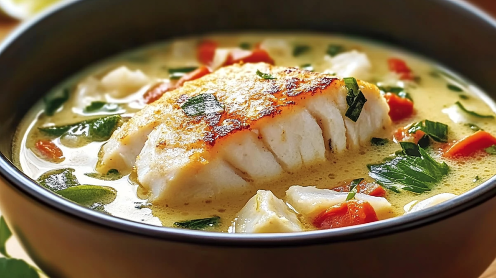 A close-up view of a bowl of coconut lime fish soup, featuring chunks of fish, garnished with cilantro, green onions, and lime wedges, with a spoon ready for serving.