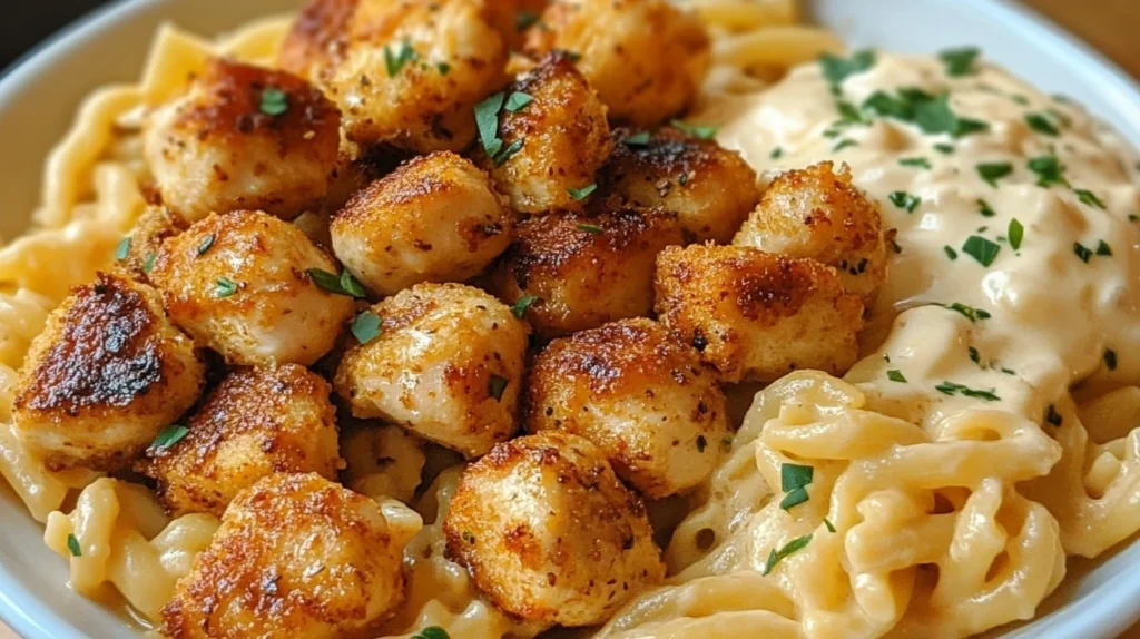A close-up bowl of creamy parmesan pasta topped with crispy garlic butter chicken bites.