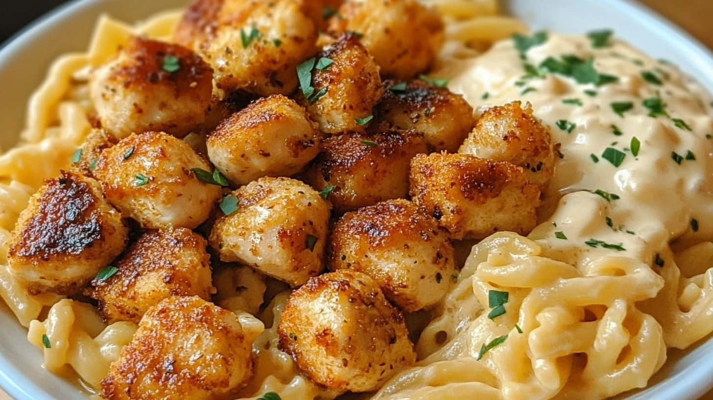A close-up bowl of creamy parmesan pasta topped with crispy garlic butter chicken bites.