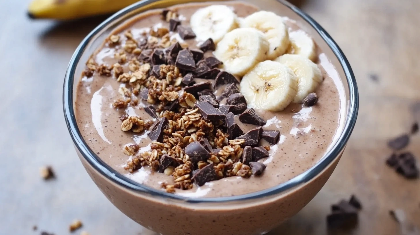 A creamy chocolate smoothie bowl topped with banana slices, granola, and chocolate chips.