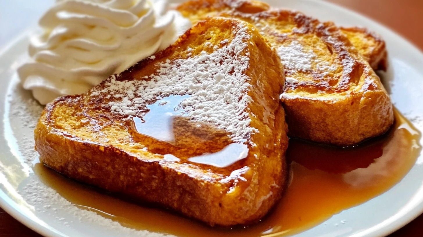 A plate of golden brown pumpkin pie French toast drizzled with maple syrup, dusted with powdered sugar, and topped with whipped cream.