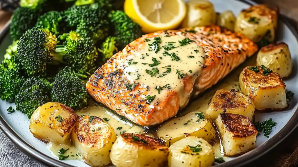 An overhead view of lemon butter salmon, crispy roasted potatoes, and broccoli arranged on a sheet pan, ready to serve.