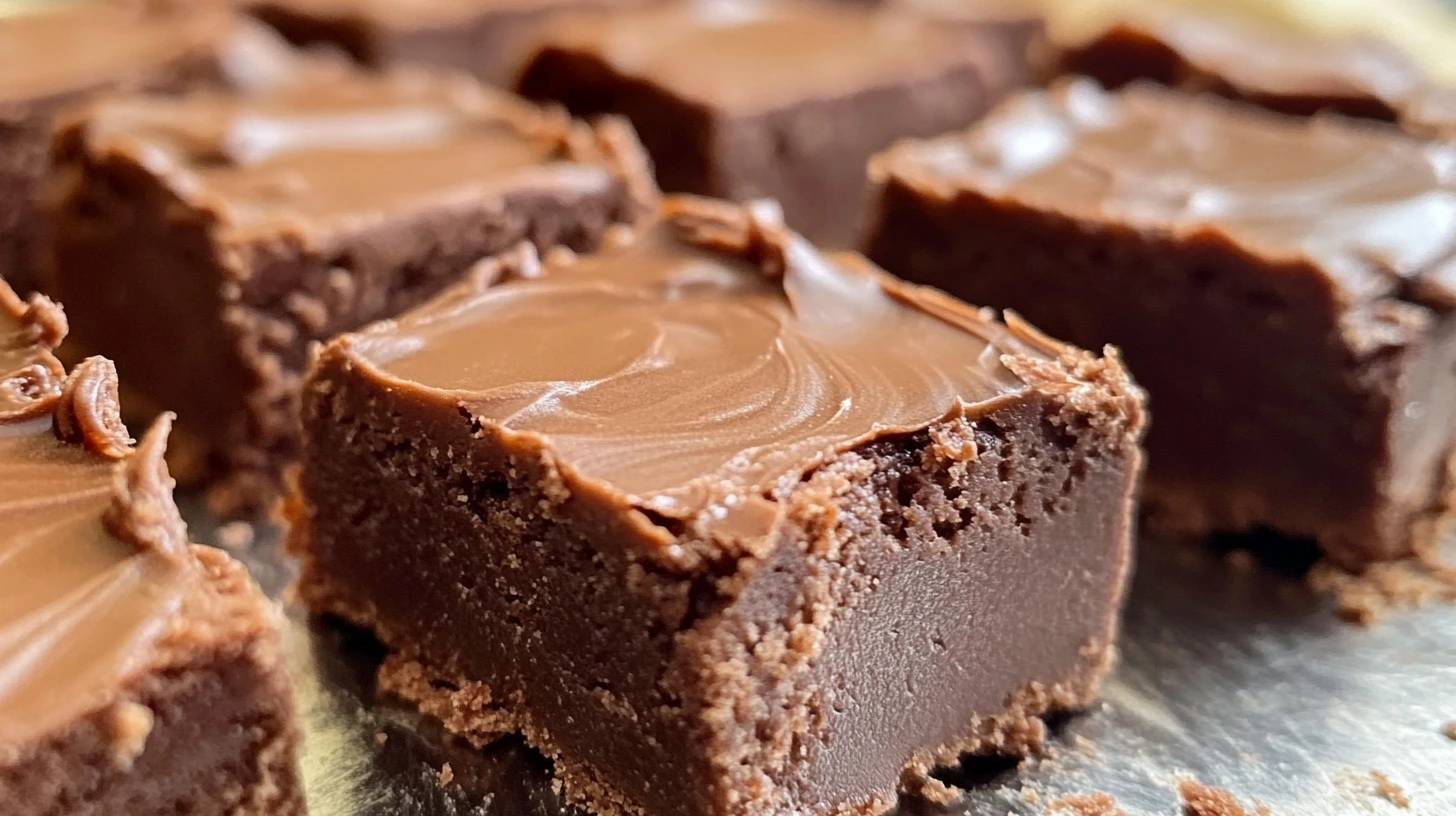 Close-up of rich, dark chocolate Nutella fudge squares on a tray.