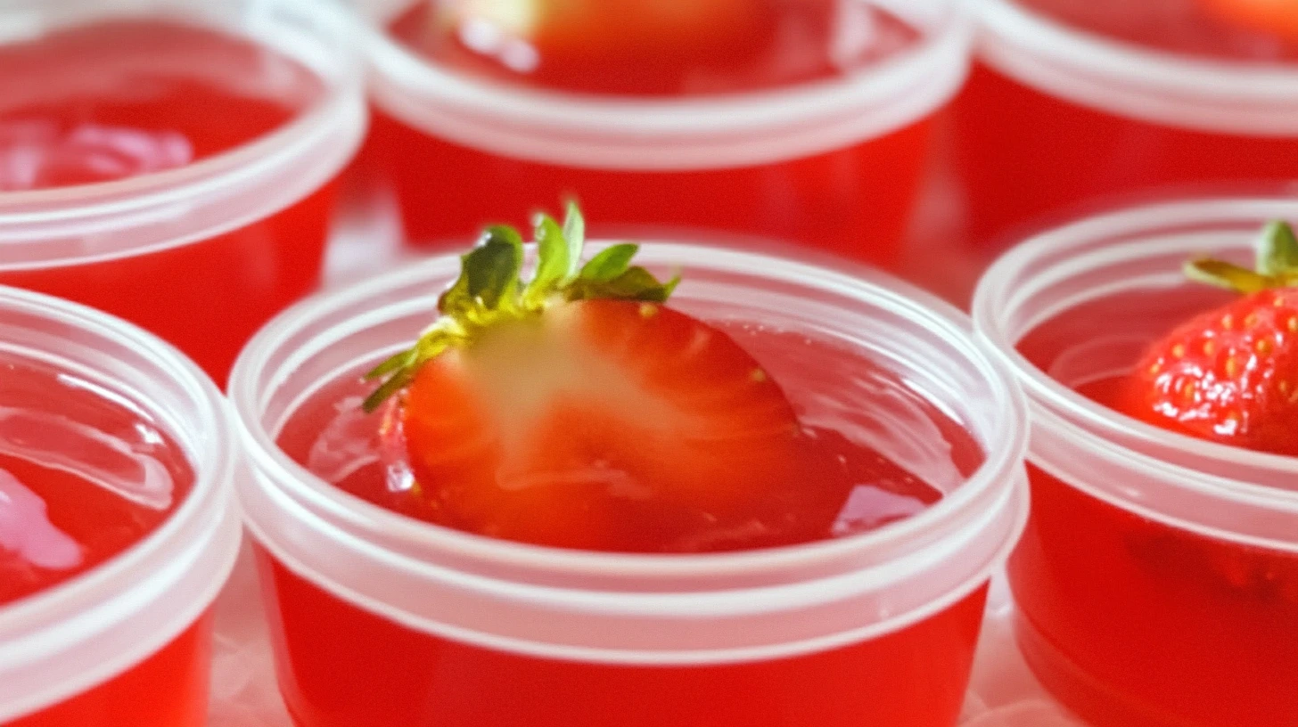 Close-up of bright red Strawberry Daiquiri Jello Shots in small clear cups, garnished with fresh strawberry slices.