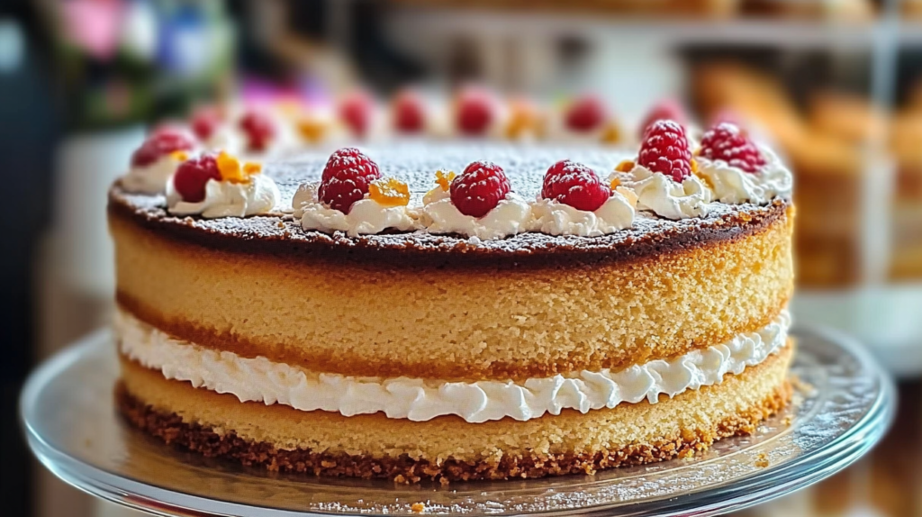 Bizcochuelo recién horneado con una textura esponjosa y dorada, perfecto como base para una torta casera.