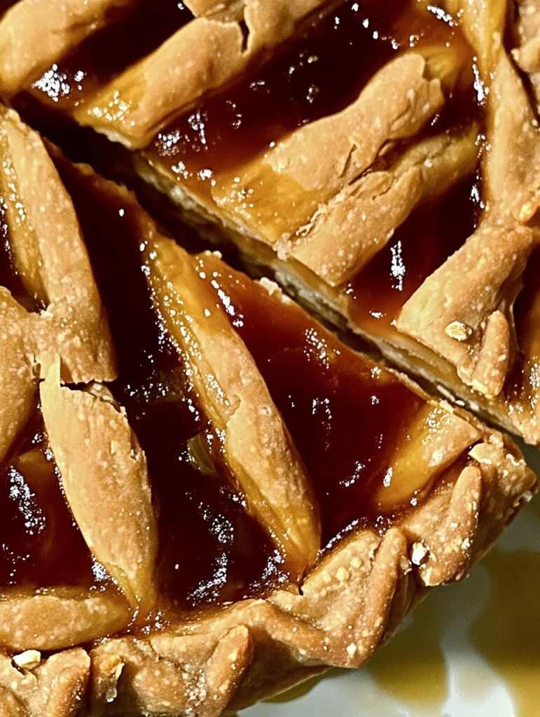 Primer plano de una porción de pasta frola de avena y aceite sin gluten, con un relleno brillante y una decoración de masa trenzada.