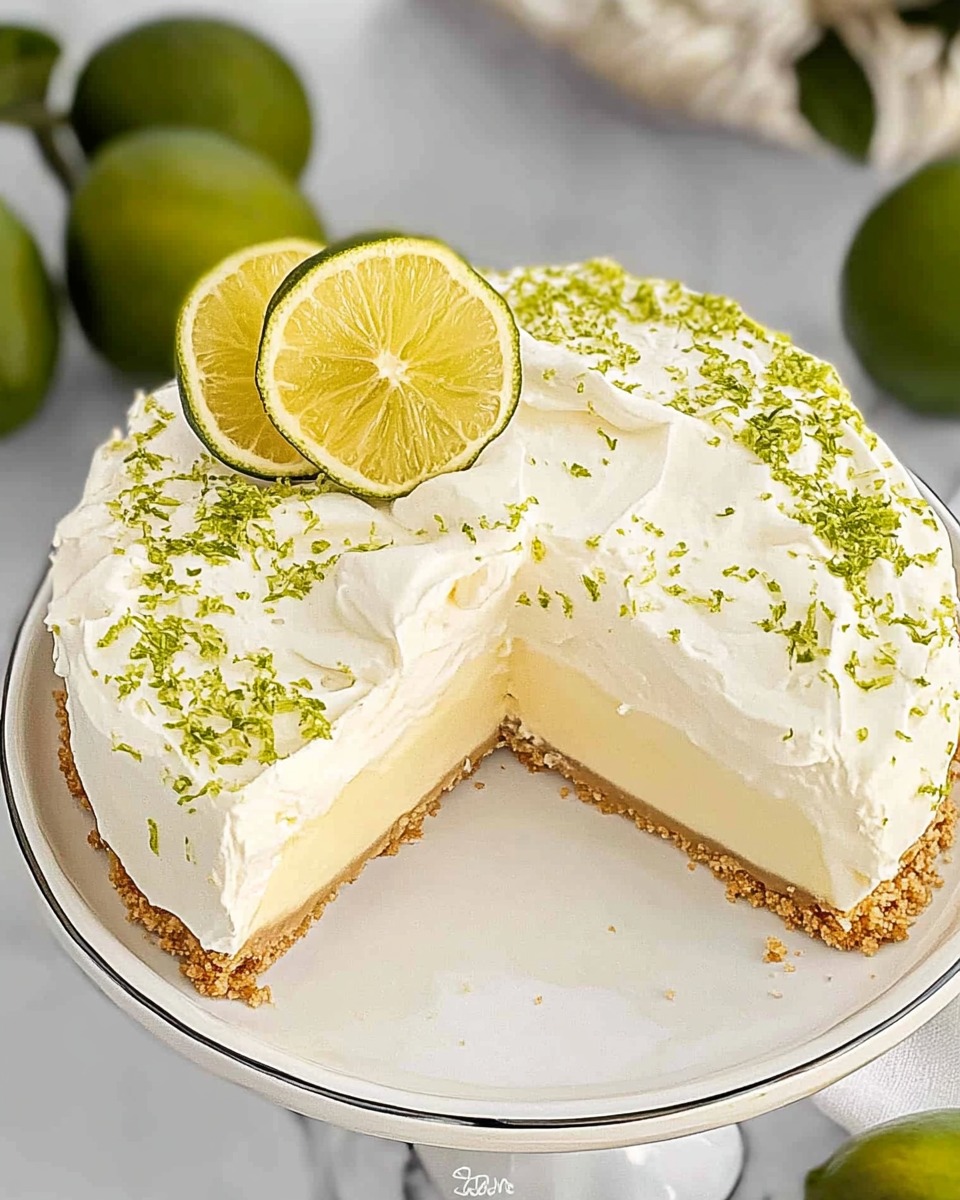 Rebanada de pay de limón cremoso sobre base de galleta, decorado con crema batida, ralladura de limón y rodajas de limón fresco.
