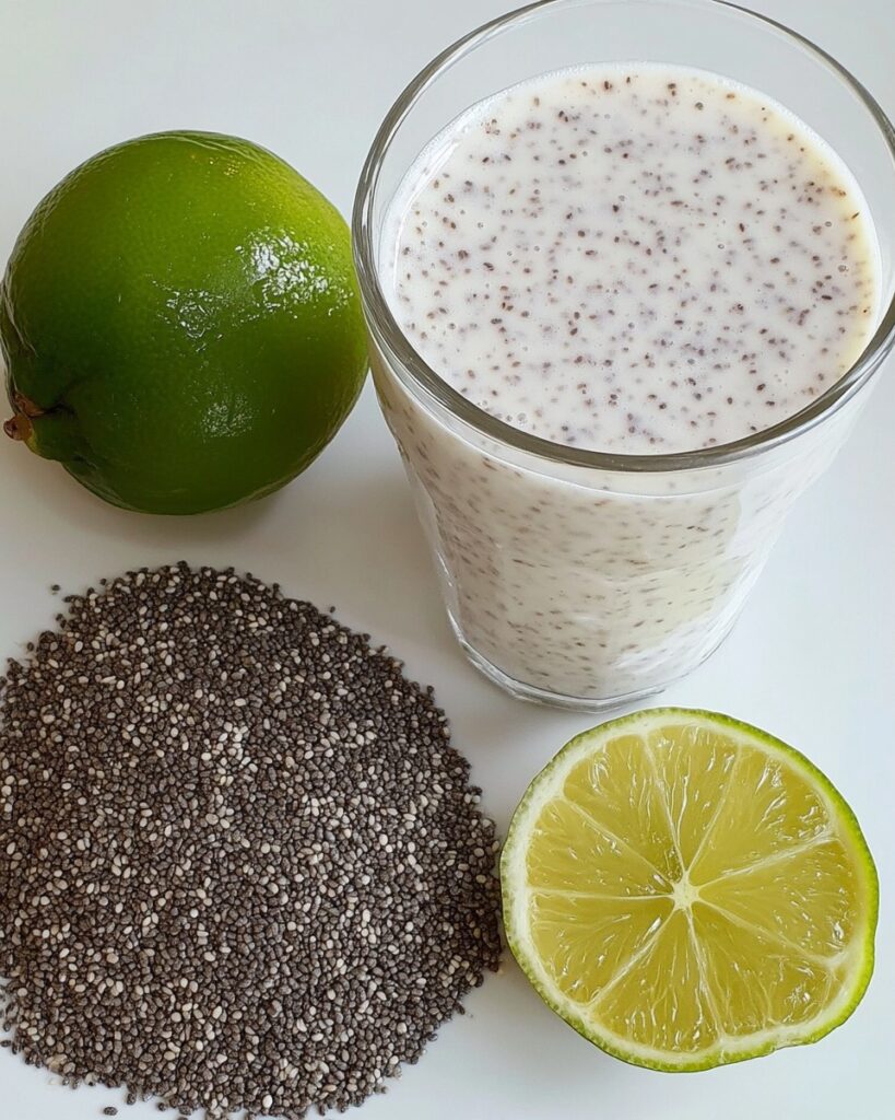Bebida casera de chía, linaza y limón en vaso transparente con semillas y limón fresco al lado sobre fondo blanco.