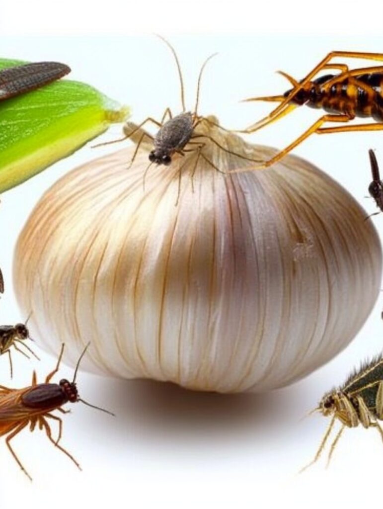 Ajo fresco rodeado de insectos comunes del hogar como cucarachas, moscas y mosquitos.