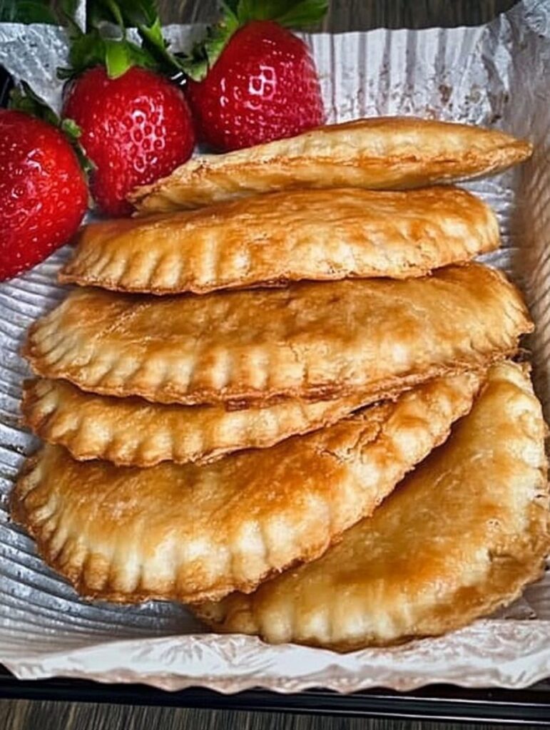 Empanaditas de fresa doradas servidas en una bandeja con fresas frescas al fondo