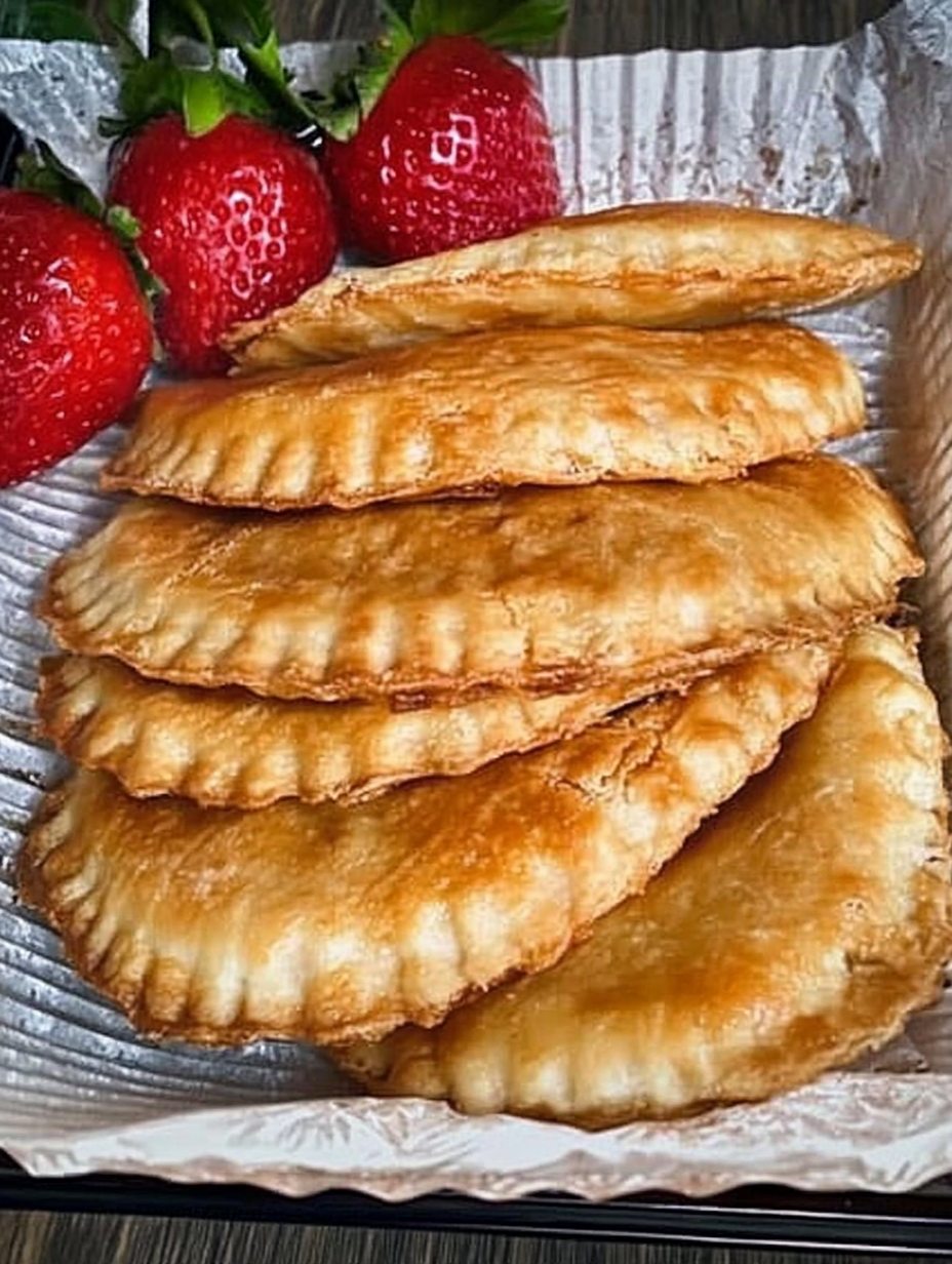 Empanaditas de fresa doradas servidas en una bandeja con fresas frescas al fondo