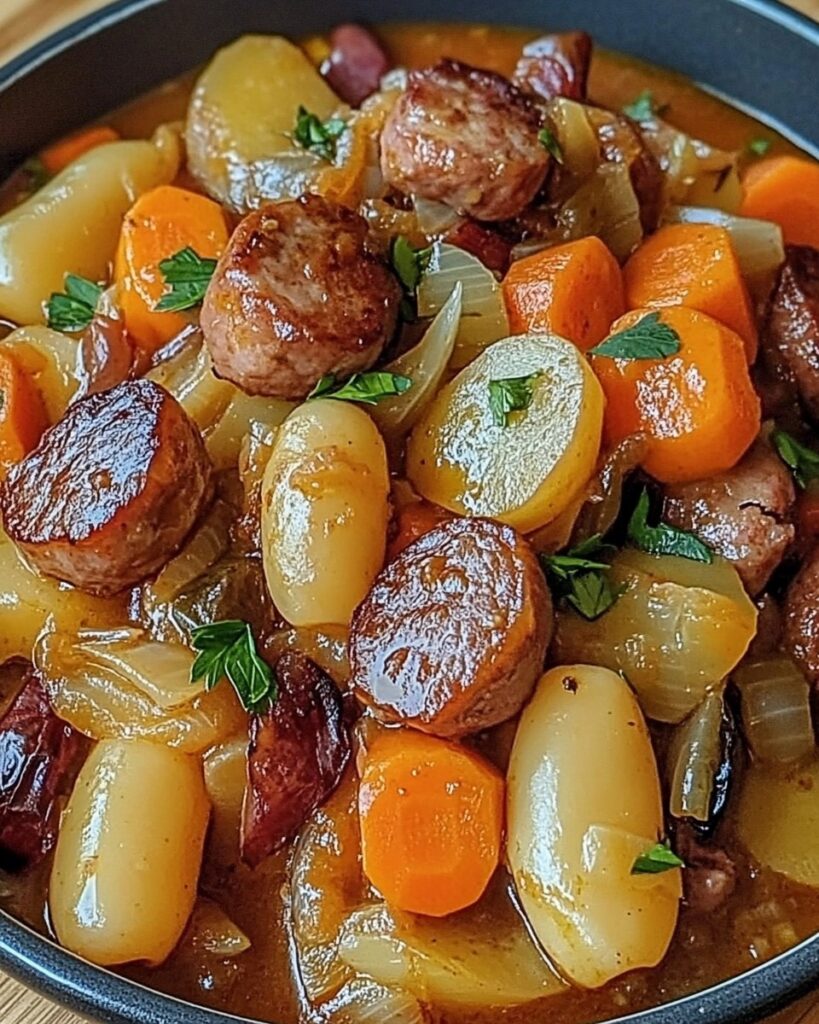 Estofado de salchichas y verduras casero con papas, zanahorias y cebolla en salsa espesa.