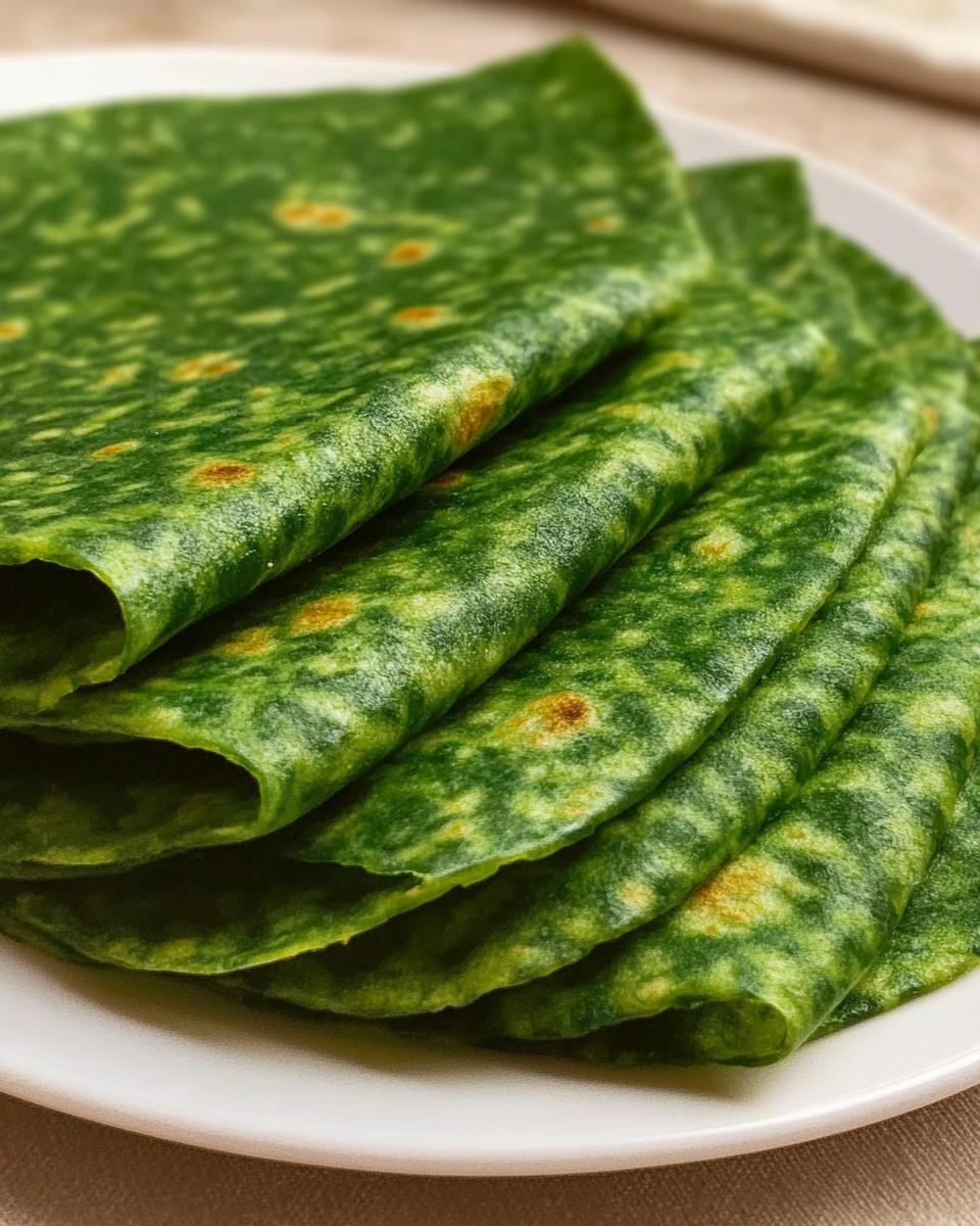 Crepas de espinacas verdes, delgadas y suaves, apiladas en un plato blanco.