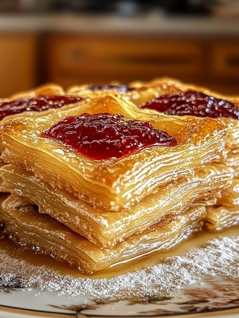 Cuadraditos de Pasta Frola con masa hojaldrada dorada y relleno de dulce de membrillo, servidos sobre un plato decorado con azúcar impalpable.