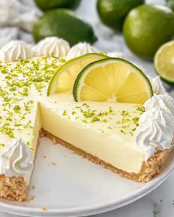 Rebanada de pay de limón cremoso decorado con crema batida, rodajas de limón y ralladura, servido sobre un plato blanco.

