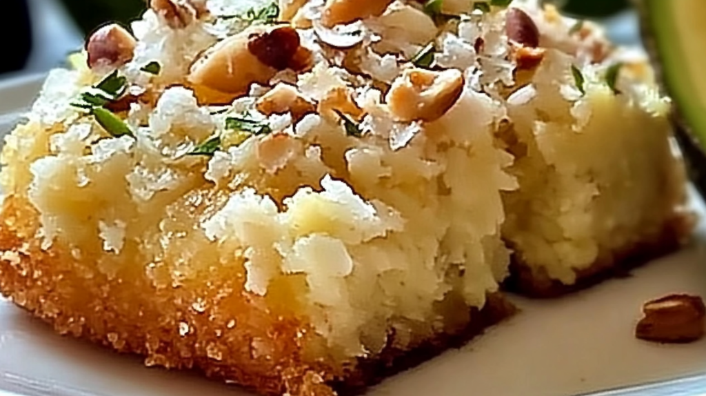 Homemade lemon coconut almond cake with white lemon glaze, topped with toasted coconut flakes and sliced almonds on a white cake stand