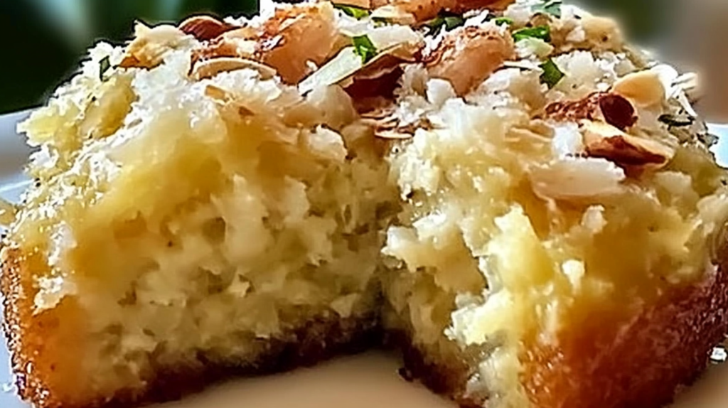 Slice of lemon coconut almond cake on a plate showing the moist interior crumb with visible coconut flakes and almond pieces