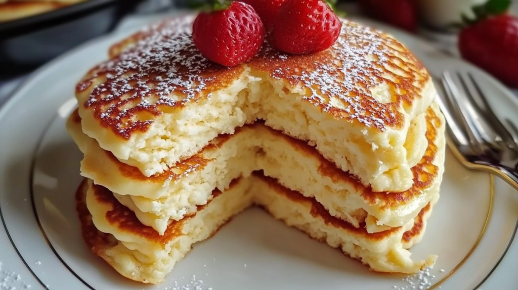 Stack of fluffy flourless cottage cheese pancakes topped with fresh berries and maple syrup on a white plate