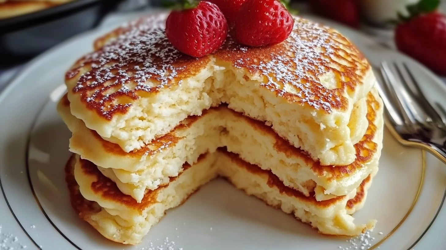 Stack of fluffy flourless cottage cheese pancakes topped with fresh berries and maple syrup on a white plate