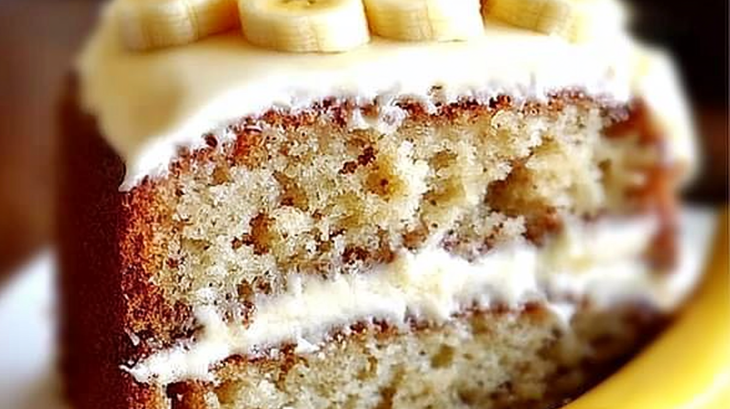 Moist banana bread cake topped with creamy white frosting and garnished with chopped walnuts on a decorative cake stand