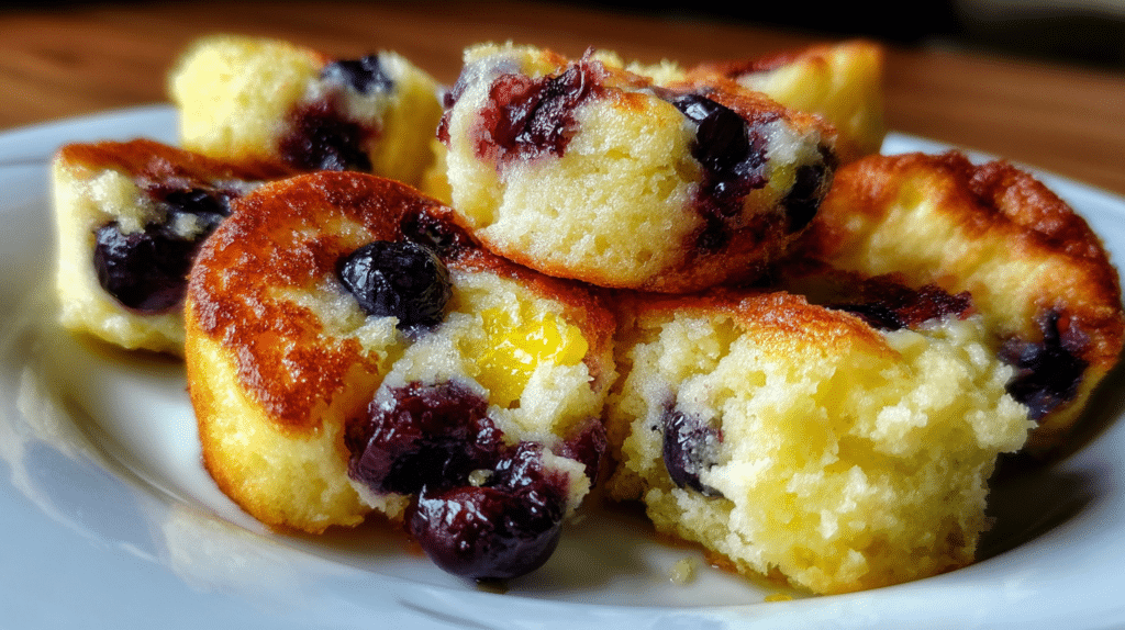 Stack of golden-brown lemon blueberry cottage cheese pancake bites on a white plate with fresh blueberries and lemon zest garnish