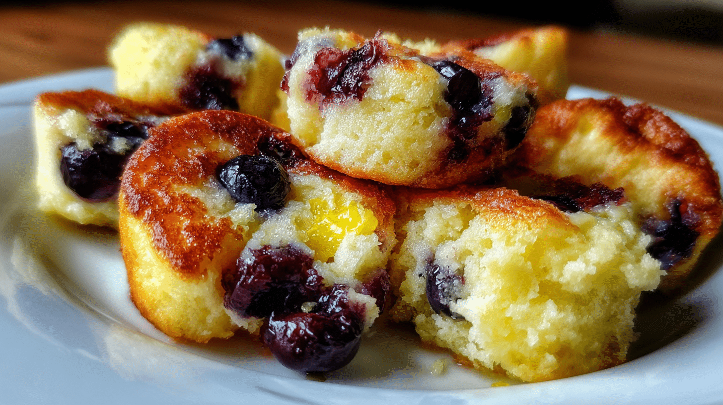 Stack of golden-brown lemon blueberry cottage cheese pancake bites on a white plate with fresh blueberries and lemon zest garnish