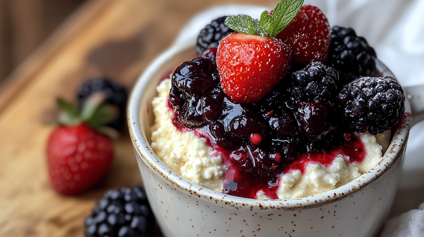Close-up of a fluffy vanilla bean cottage cheese mug cake in a white ceramic mug topped with colorful mixed berry compote, served on a rustic wooden table with scattered fresh berries