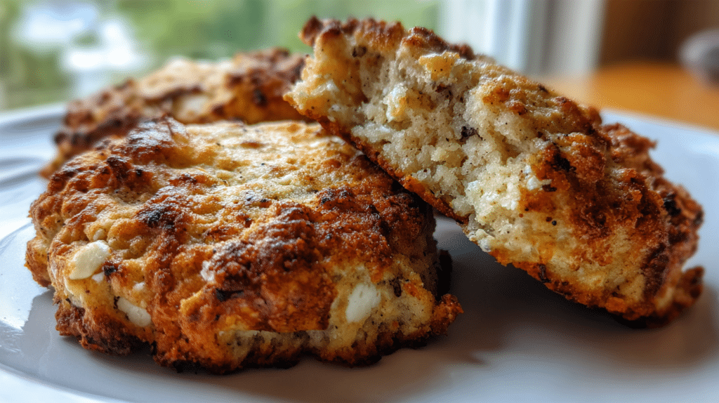 Golden-brown cottage cheese banana breakfast cookies on parchment paper with fresh banana slices and oats scattered around