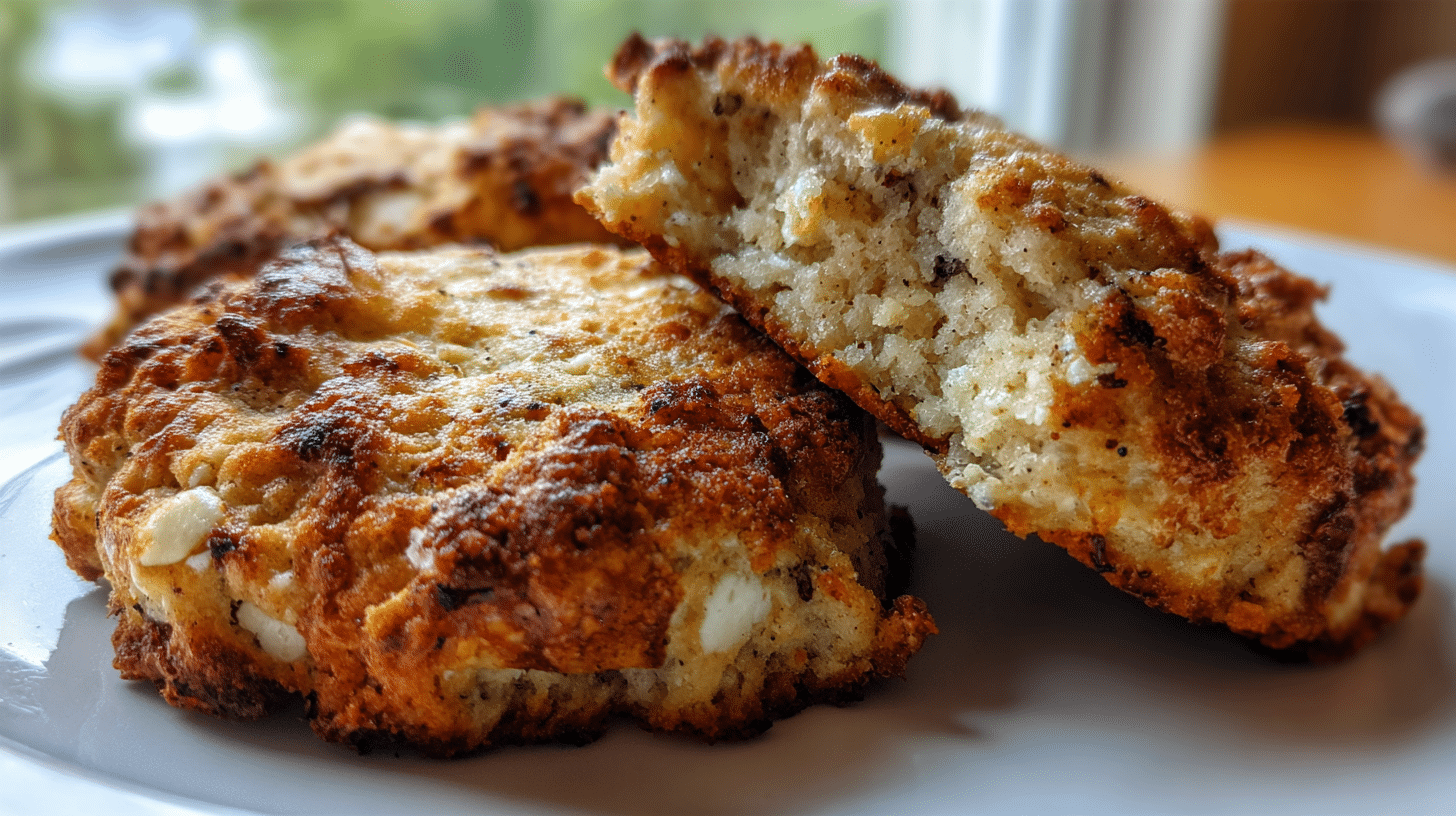 Golden-brown cottage cheese banana breakfast cookies on parchment paper with fresh banana slices and oats scattered around