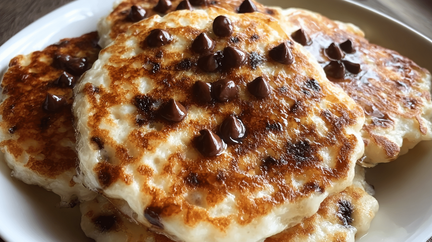 High-protein chocolate chip cottage cheese pancakes stacked on white plate with golden brown color and melted chocolate chips