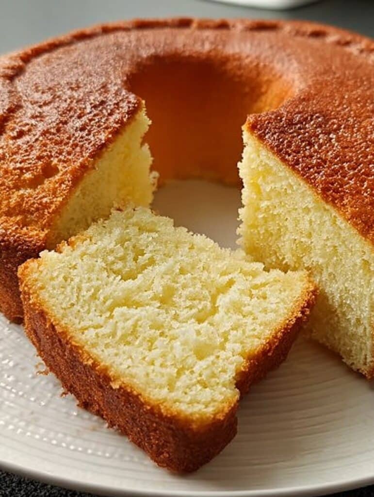 Bizcocho esponjoso casero recién horneado en molde de rosca, servido en un plato blanco.