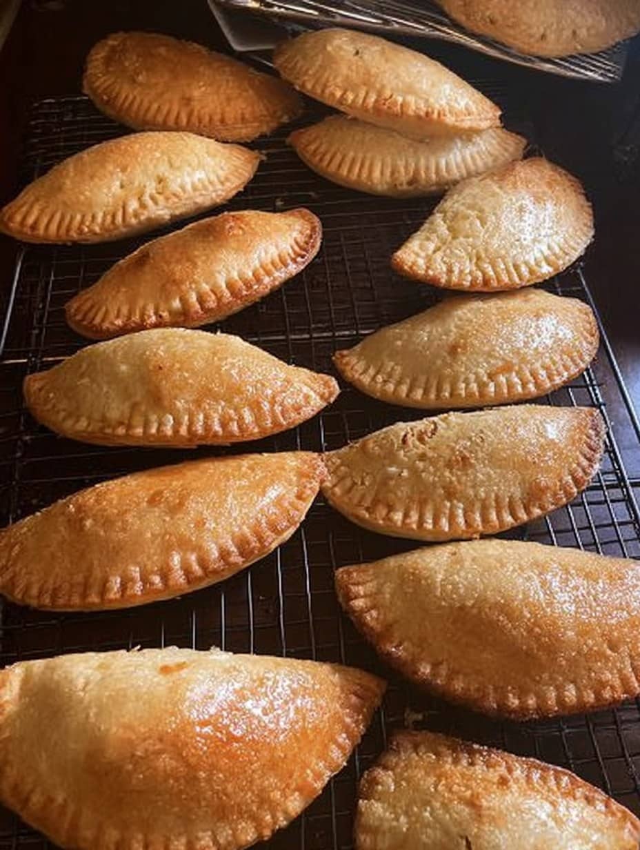 Empanaditas de cajeta doraditas recién horneadas sobre una rejilla enfriadora.