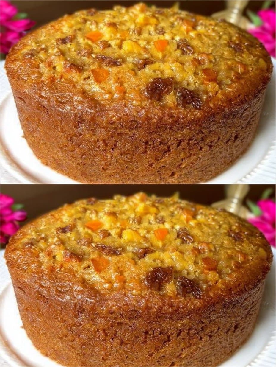 Pastel de avena con manzana, zanahoria, pasas y albaricoques secos, sin azúcar ni harina.